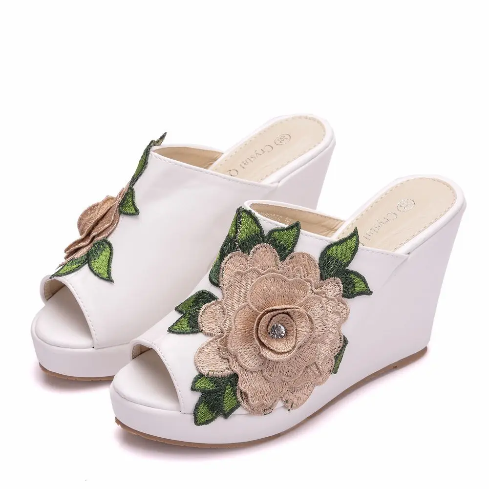 women sandals wedding Party banquet PU Slip On 10CM Wedges High Heels Peep Toe Flower zapatos de mujer women shoes size 35-42