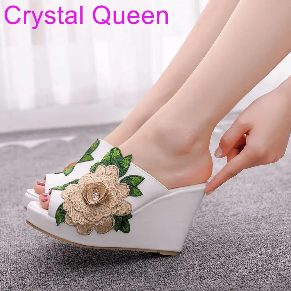 women sandals wedding Party banquet PU Slip On 10CM Wedges High Heels Peep Toe Flower zapatos de mujer women shoes size 35-42