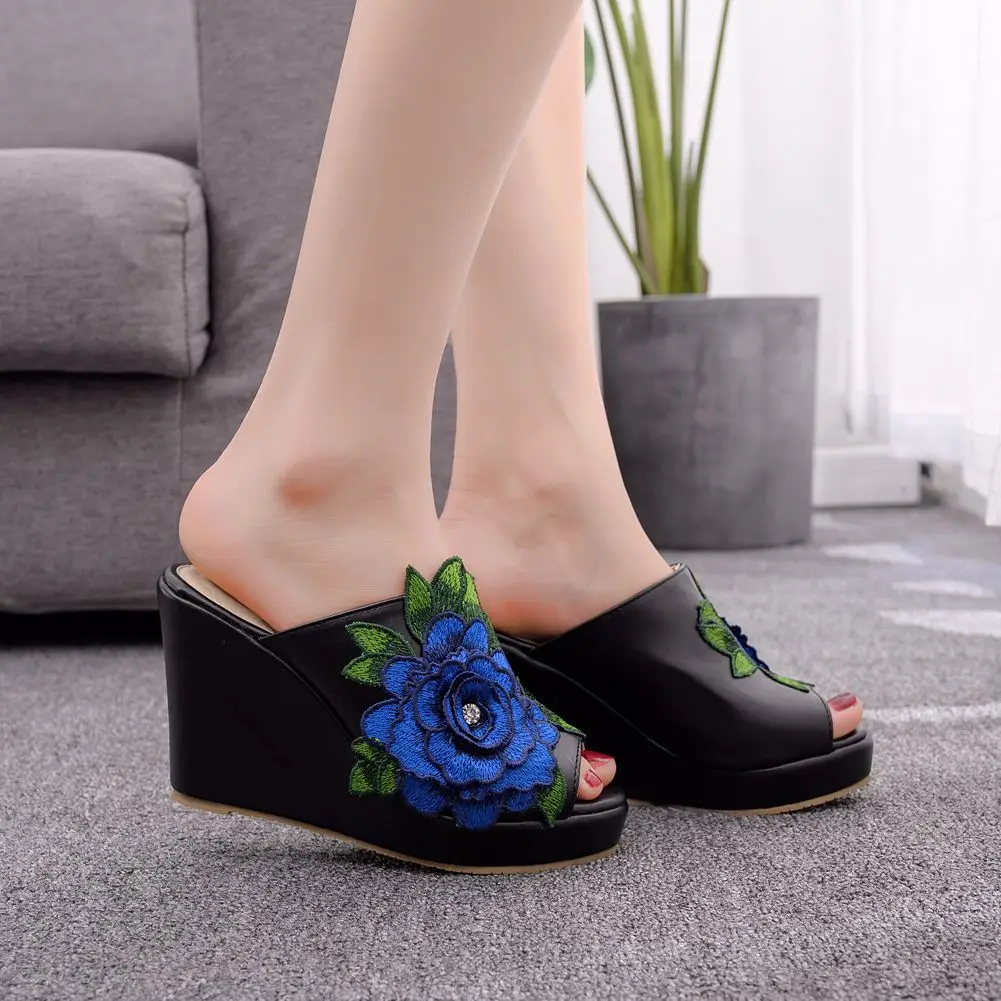 women sandals wedding Party banquet PU Slip On 10CM Wedges High Heels Peep Toe Flower zapatos de mujer women shoes size 35-42