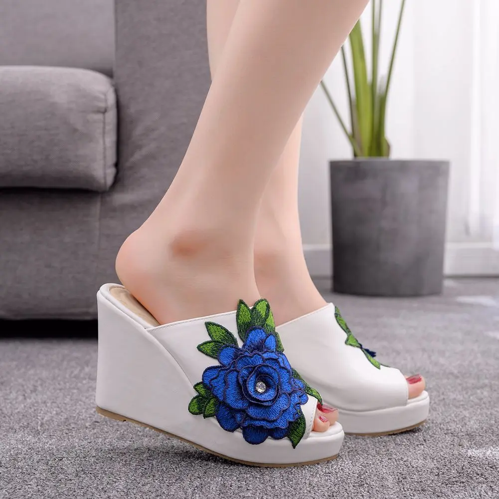 women sandals wedding Party banquet PU Slip On 10CM Wedges High Heels Peep Toe Flower zapatos de mujer women shoes size 35-42