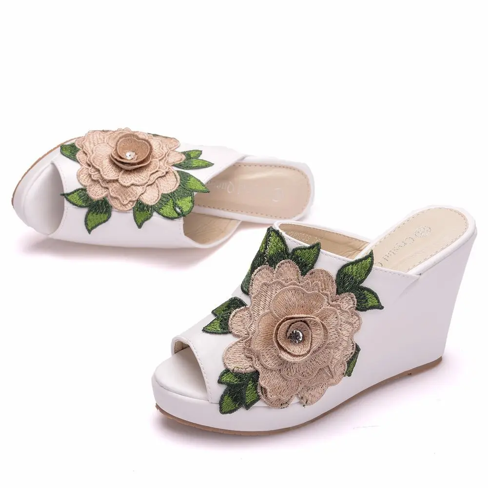 women sandals wedding Party banquet PU Slip On 10CM Wedges High Heels Peep Toe Flower zapatos de mujer women shoes size 35-42