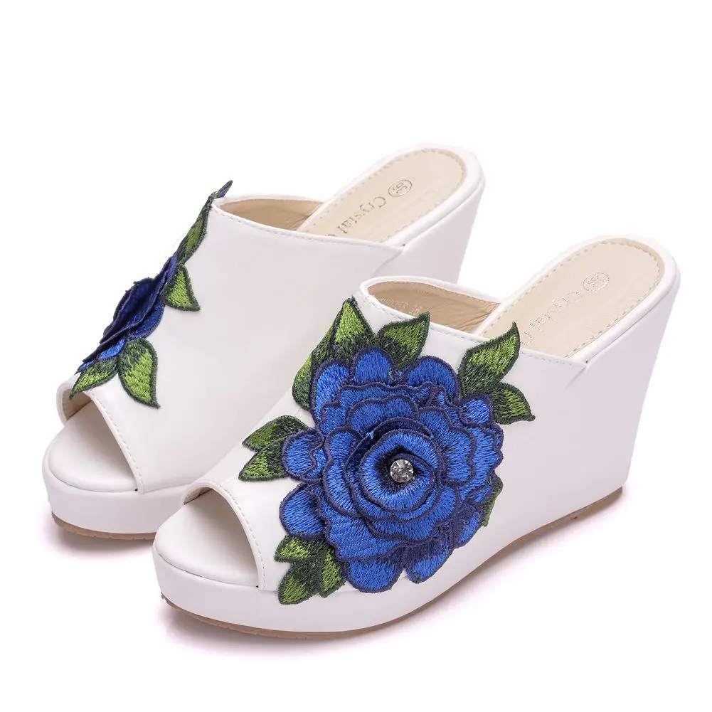 women sandals wedding Party banquet PU Slip On 10CM Wedges High Heels Peep Toe Flower zapatos de mujer women shoes size 35-42