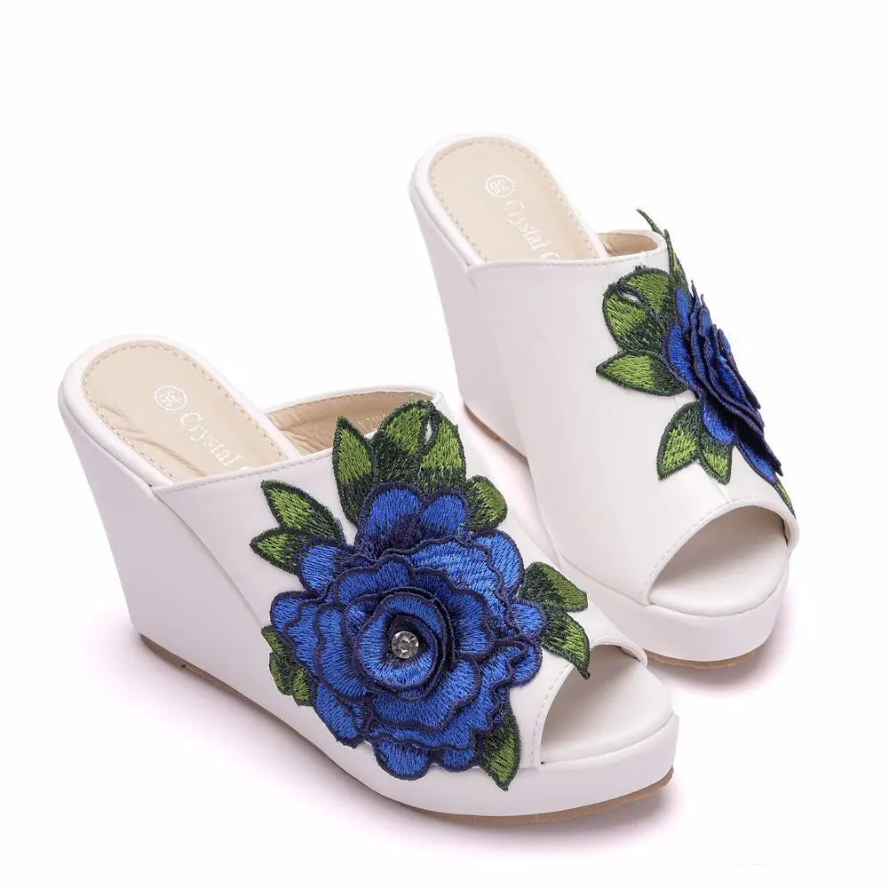 women sandals wedding Party banquet PU Slip On 10CM Wedges High Heels Peep Toe Flower zapatos de mujer women shoes size 35-42