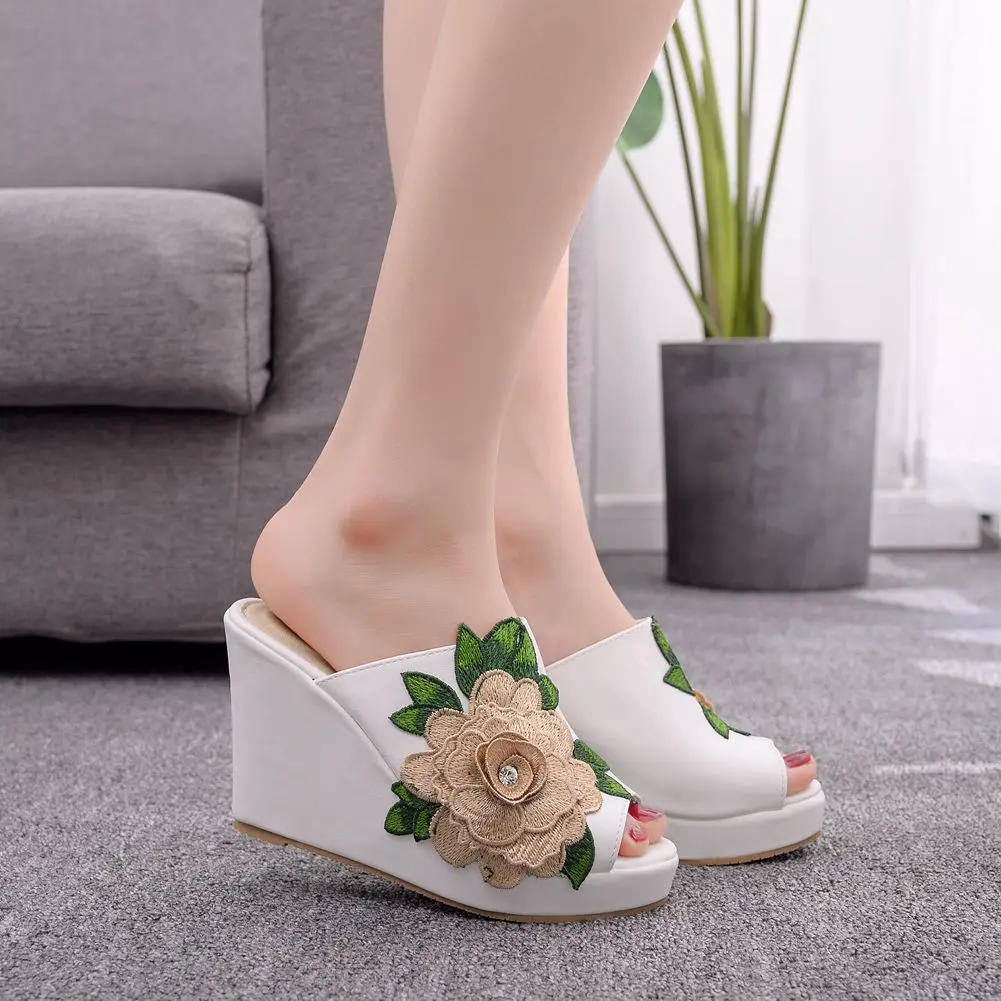 women sandals wedding Party banquet PU Slip On 10CM Wedges High Heels Peep Toe Flower zapatos de mujer women shoes size 35-42