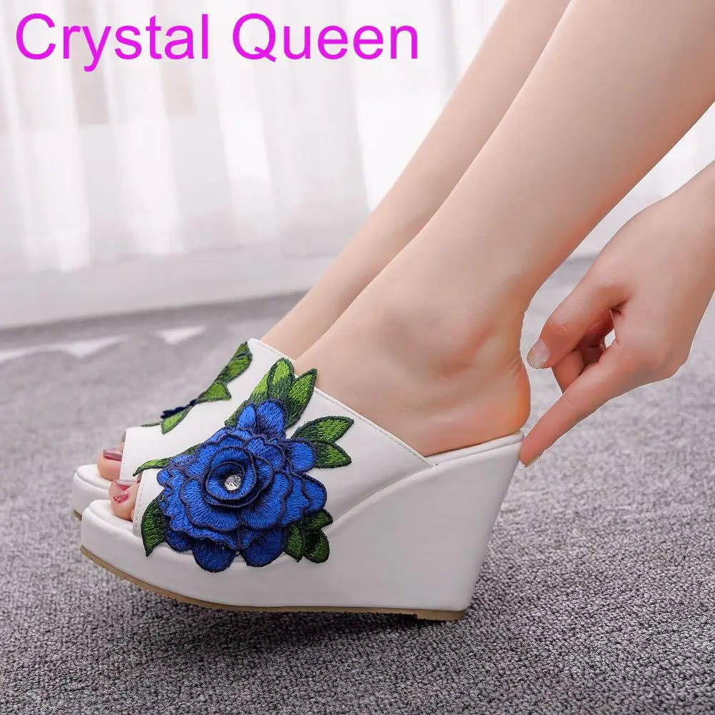 women sandals wedding Party banquet PU Slip On 10CM Wedges High Heels Peep Toe Flower zapatos de mujer women shoes size 35-42