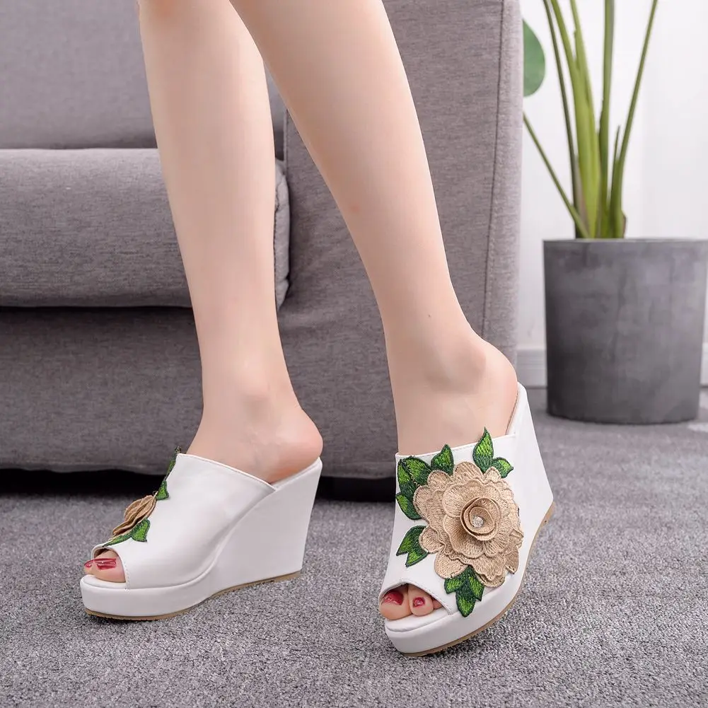 women sandals wedding Party banquet PU Slip On 10CM Wedges High Heels Peep Toe Flower zapatos de mujer women shoes size 35-42