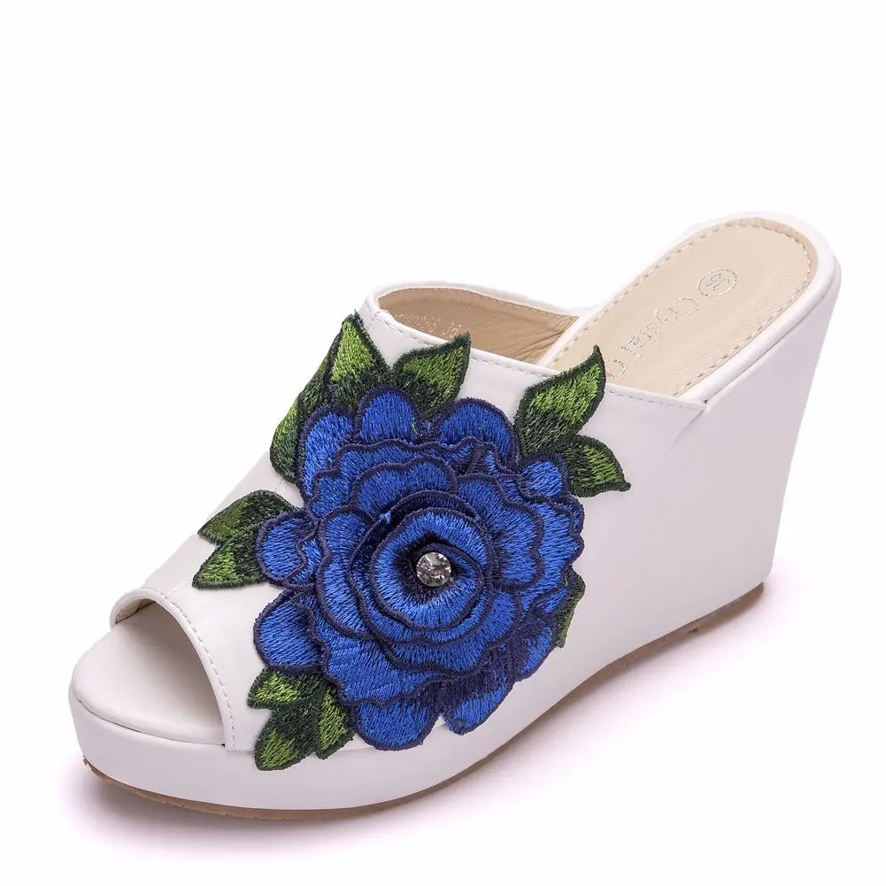 women sandals wedding Party banquet PU Slip On 10CM Wedges High Heels Peep Toe Flower zapatos de mujer women shoes size 35-42