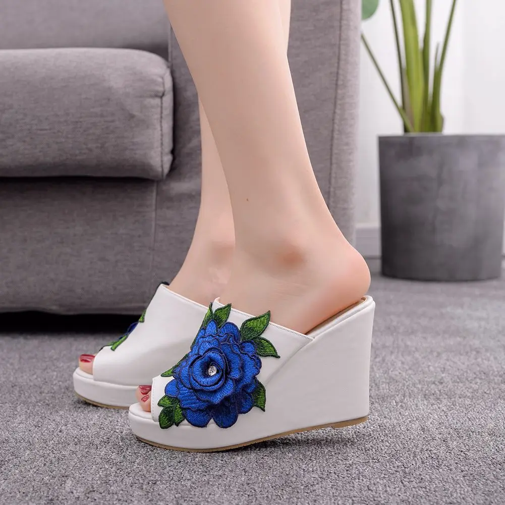 women sandals wedding Party banquet PU Slip On 10CM Wedges High Heels Peep Toe Flower zapatos de mujer women shoes size 35-42