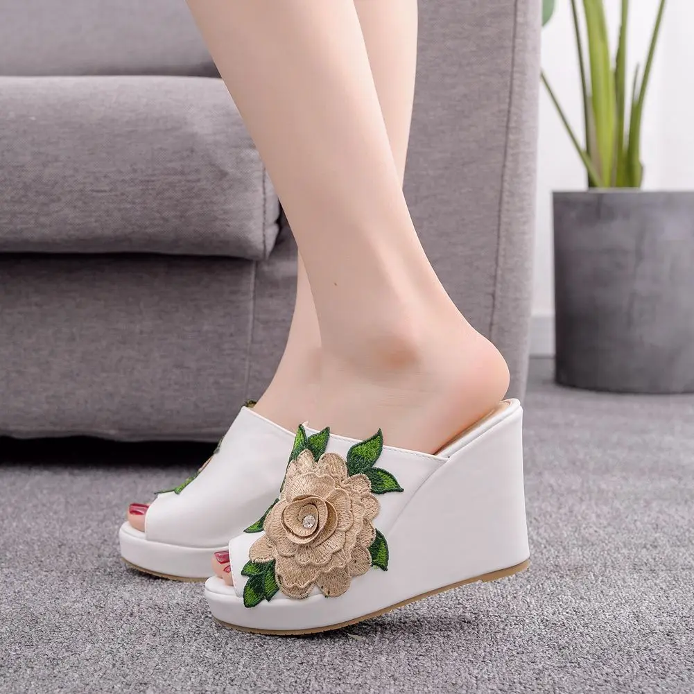 women sandals wedding Party banquet PU Slip On 10CM Wedges High Heels Peep Toe Flower zapatos de mujer women shoes size 35-42