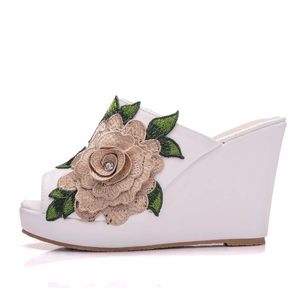 women sandals wedding Party banquet PU Slip On 10CM Wedges High Heels Peep Toe Flower zapatos de mujer women shoes size 35-42