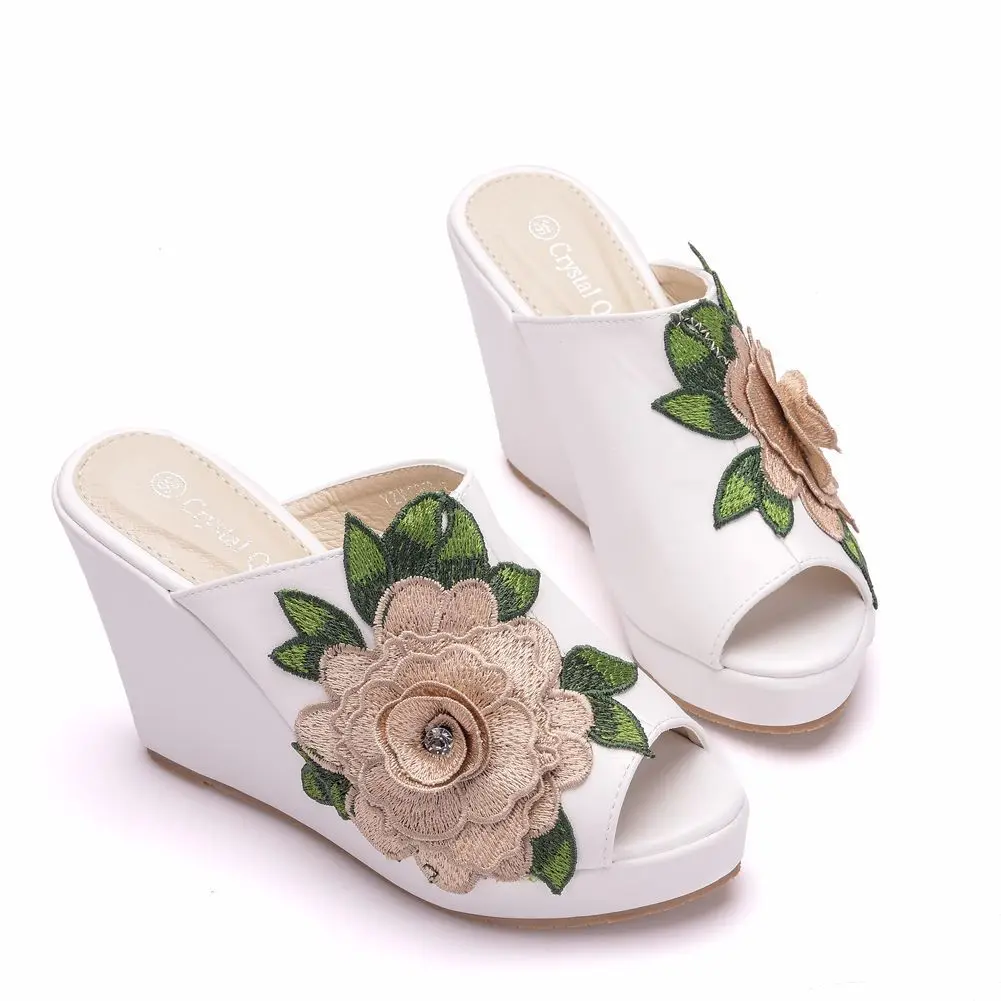 women sandals wedding Party banquet PU Slip On 10CM Wedges High Heels Peep Toe Flower zapatos de mujer women shoes size 35-42
