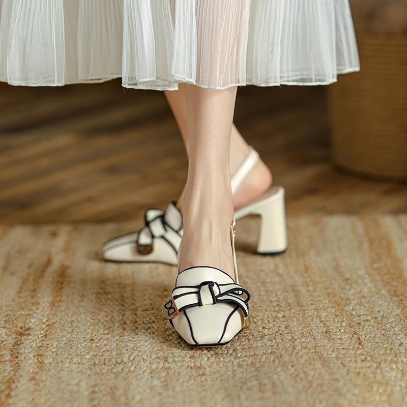 2024 New Summer French Retro High-heeled Lady Sandals Female Thick Heel Square Toe with Back Empty Shoe Trend 33-46