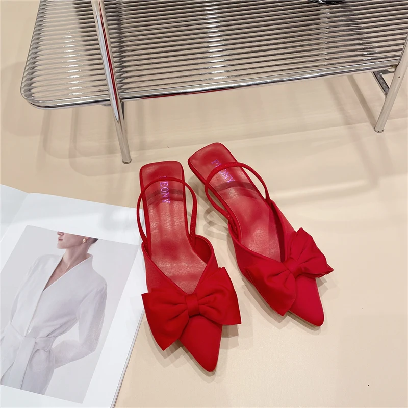 2024 Summer New Women Low Heels Fashion Orange Back Strap Slingback Bowknot Close Toe Sandals Luxury Designer Pumps Party Shoes