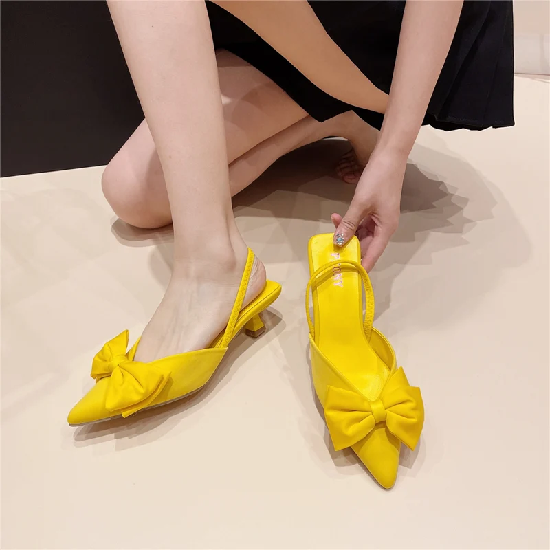 2024 Summer New Women Low Heels Fashion Orange Back Strap Slingback Bowknot Close Toe Sandals Luxury Designer Pumps Party Shoes