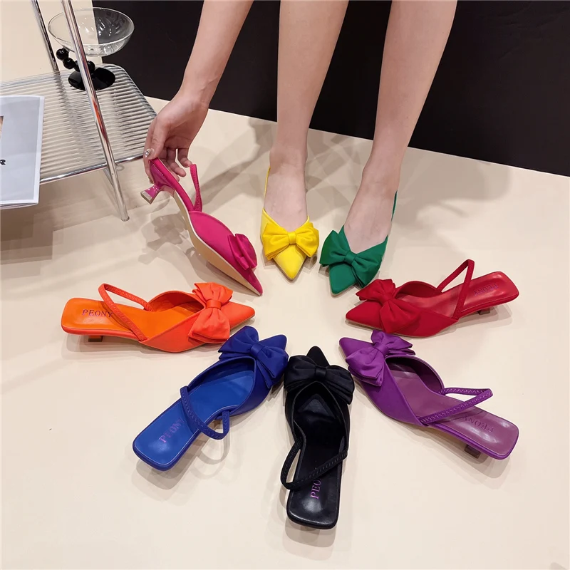 2024 Summer New Women Low Heels Fashion Orange Back Strap Slingback Bowknot Close Toe Sandals Luxury Designer Pumps Party Shoes