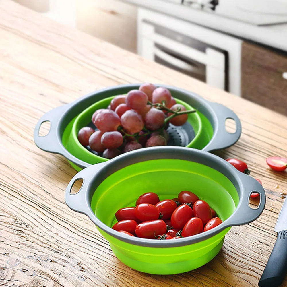 Round Square Foldable Silicone Colander Fruit Vegetable Washing Basket Strainer Collapsible Drainer Handle Kitchen Bar Tools