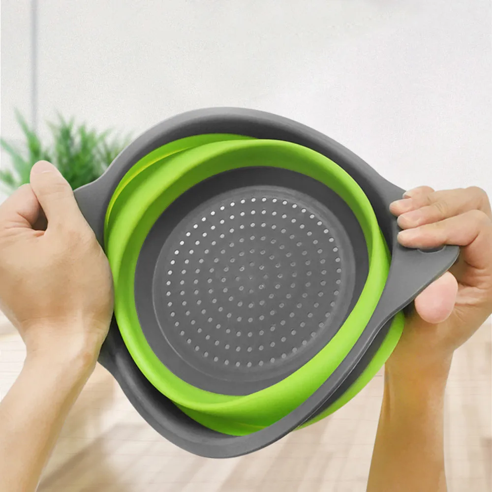 Round Square Foldable Silicone Colander Fruit Vegetable Washing Basket Strainer Collapsible Drainer Handle Kitchen Bar Tools