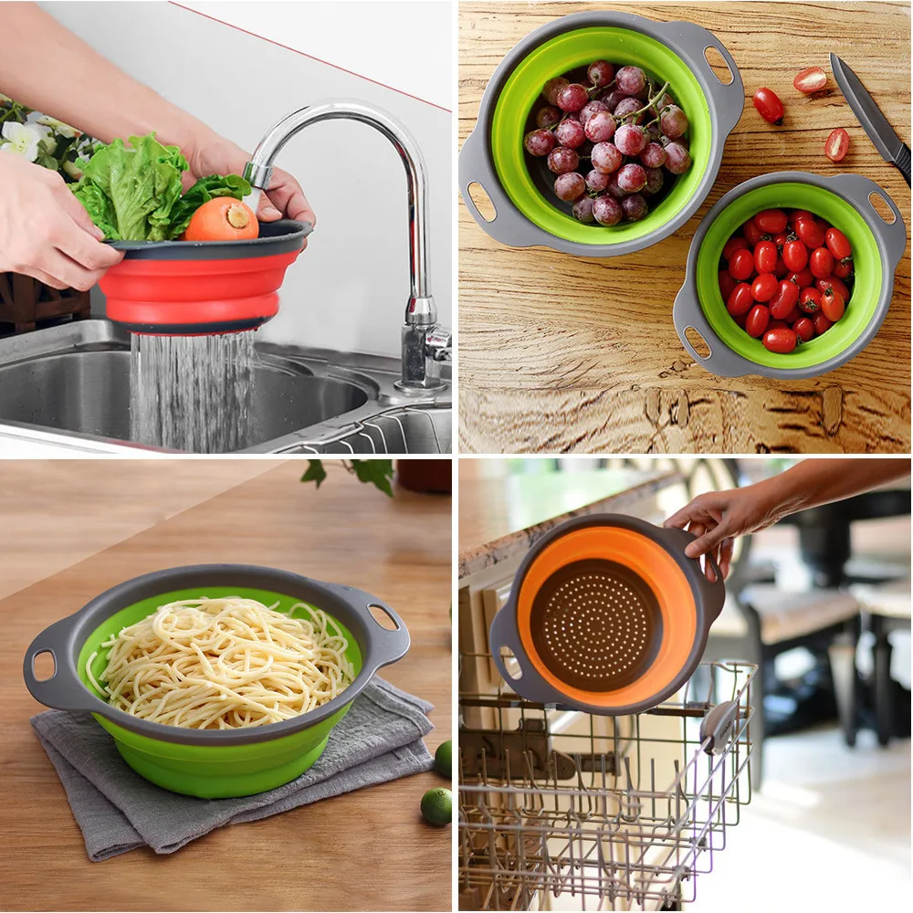 Round Square Foldable Silicone Colander Fruit Vegetable Washing Basket Strainer Collapsible Drainer Handle Kitchen Bar Tools