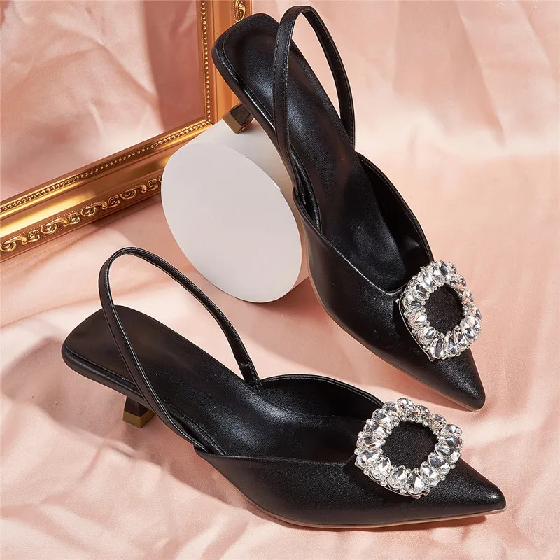 2024 New Fashion Orange Crystal Pointed Toe Women Pumps Elegant Party Dress Prom Low Heels Shallow Slingbacks Sandals Mule Shoes