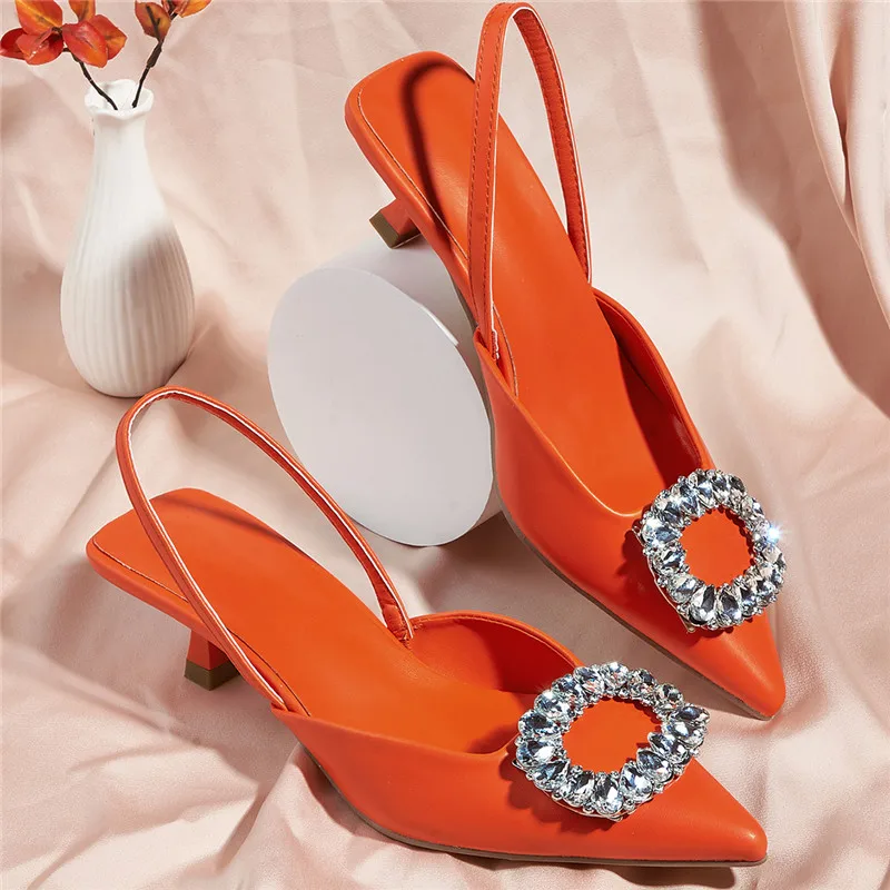 2024 New Fashion Orange Crystal Pointed Toe Women Pumps Elegant Party Dress Prom Low Heels Shallow Slingbacks Sandals Mule Shoes