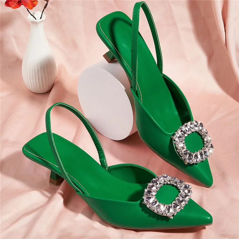 2024 New Fashion Orange Crystal Pointed Toe Women Pumps Elegant Party Dress Prom Low Heels Shallow Slingbacks Sandals Mule Shoes