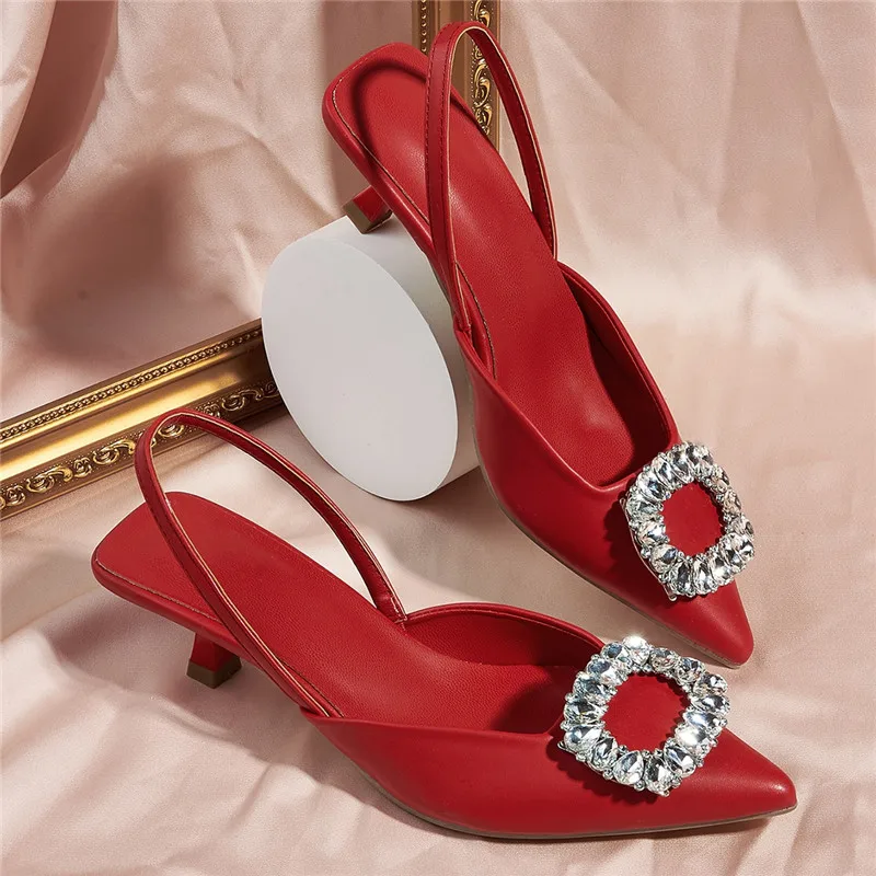 2024 New Fashion Orange Crystal Pointed Toe Women Pumps Elegant Party Dress Prom Low Heels Shallow Slingbacks Sandals Mule Shoes