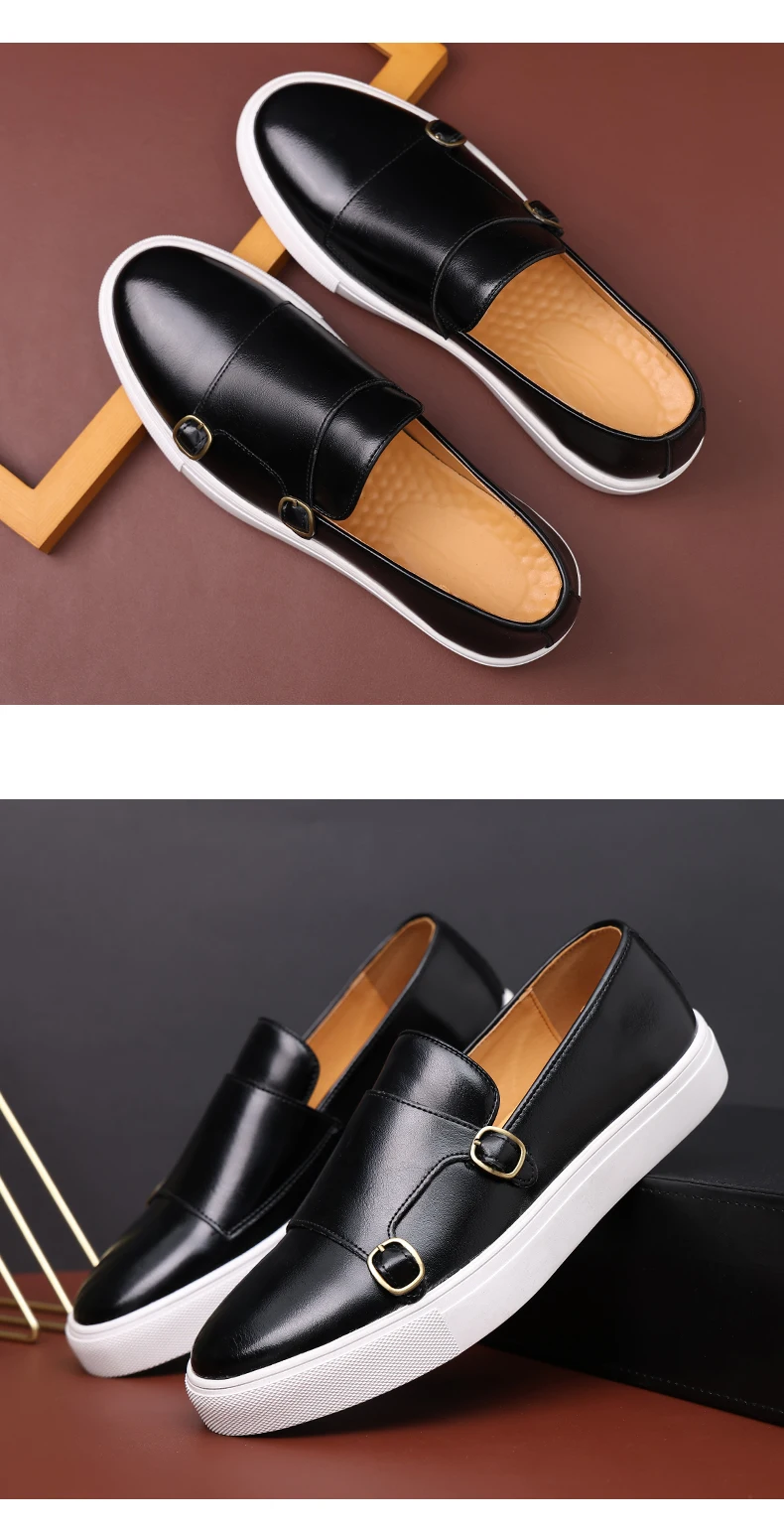 New Black Men Sneakers Slip-On Solid Double Buckle Brown Platform Shoes Men's Vulcanize Shoes  Size 38-46