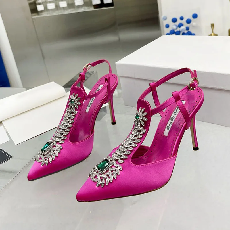 Ladies Wedding Shoes Rhinestone Pointed Toe High Heels Satin Gemstone Stiletto Sandals 2024 New Baotou Fairy Pump Wedding Shoes