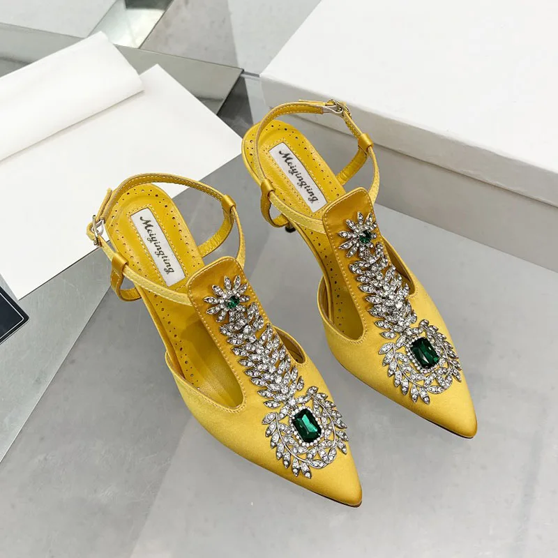 Ladies Wedding Shoes Rhinestone Pointed Toe High Heels Satin Gemstone Stiletto Sandals 2024 New Baotou Fairy Pump Wedding Shoes