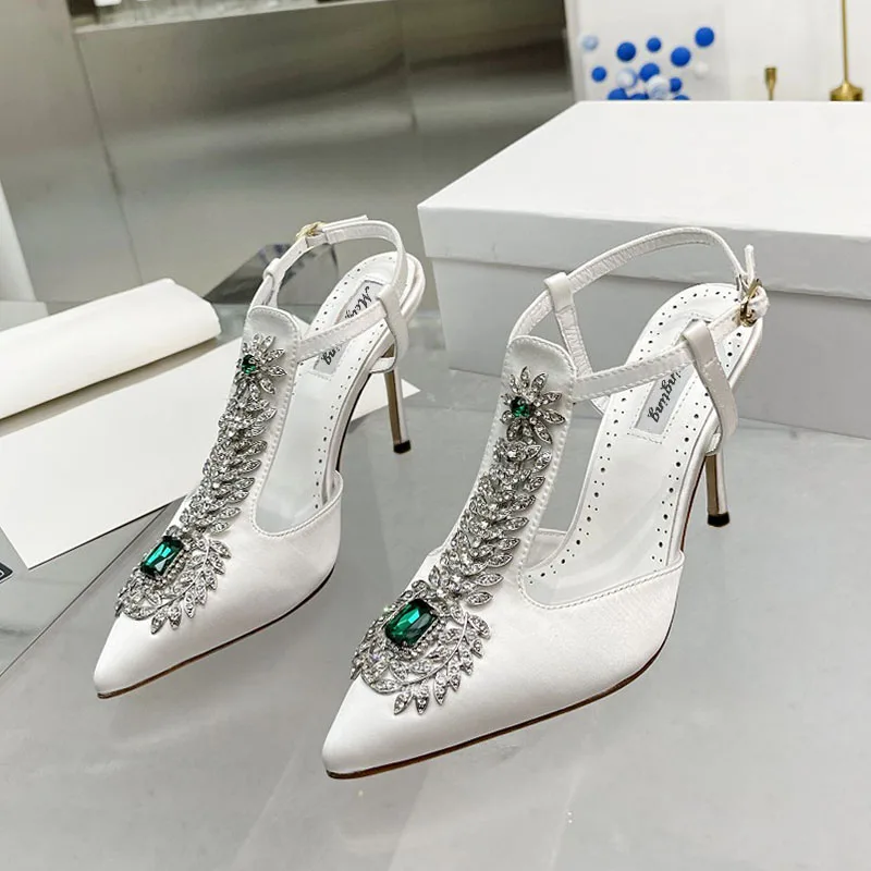 Ladies Wedding Shoes Rhinestone Pointed Toe High Heels Satin Gemstone Stiletto Sandals 2024 New Baotou Fairy Pump Wedding Shoes