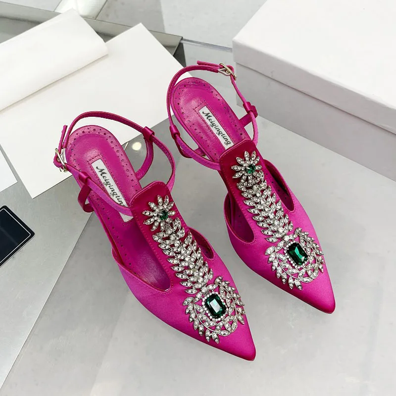 Ladies Wedding Shoes Rhinestone Pointed Toe High Heels Satin Gemstone Stiletto Sandals 2024 New Baotou Fairy Pump Wedding Shoes