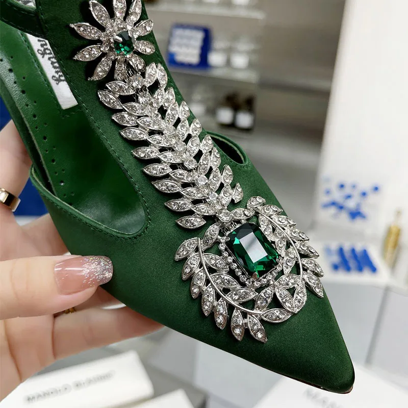 Ladies Wedding Shoes Rhinestone Pointed Toe High Heels Satin Gemstone Stiletto Sandals 2024 New Baotou Fairy Pump Wedding Shoes