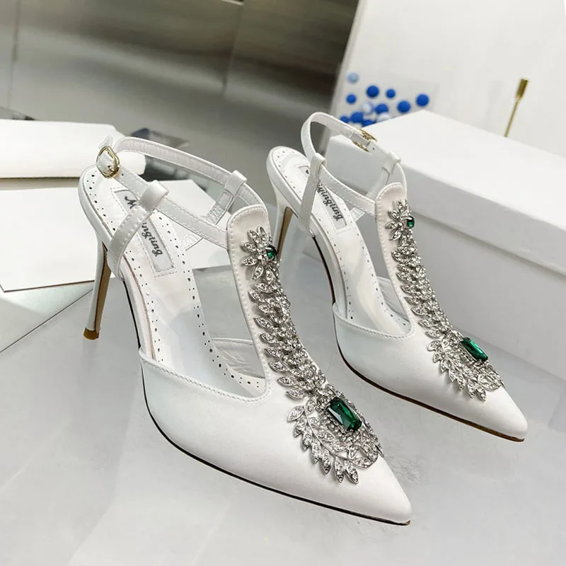 Ladies Wedding Shoes Rhinestone Pointed Toe High Heels Satin Gemstone Stiletto Sandals 2024 New Baotou Fairy Pump Wedding Shoes