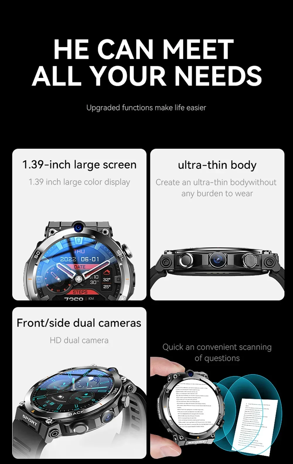 4G LTE Smartwatch For Men GPS HD Dual Camera SIM Talk NFC Heart Rate Health Monitoring Face Unlock Smart Watch For Android IOS