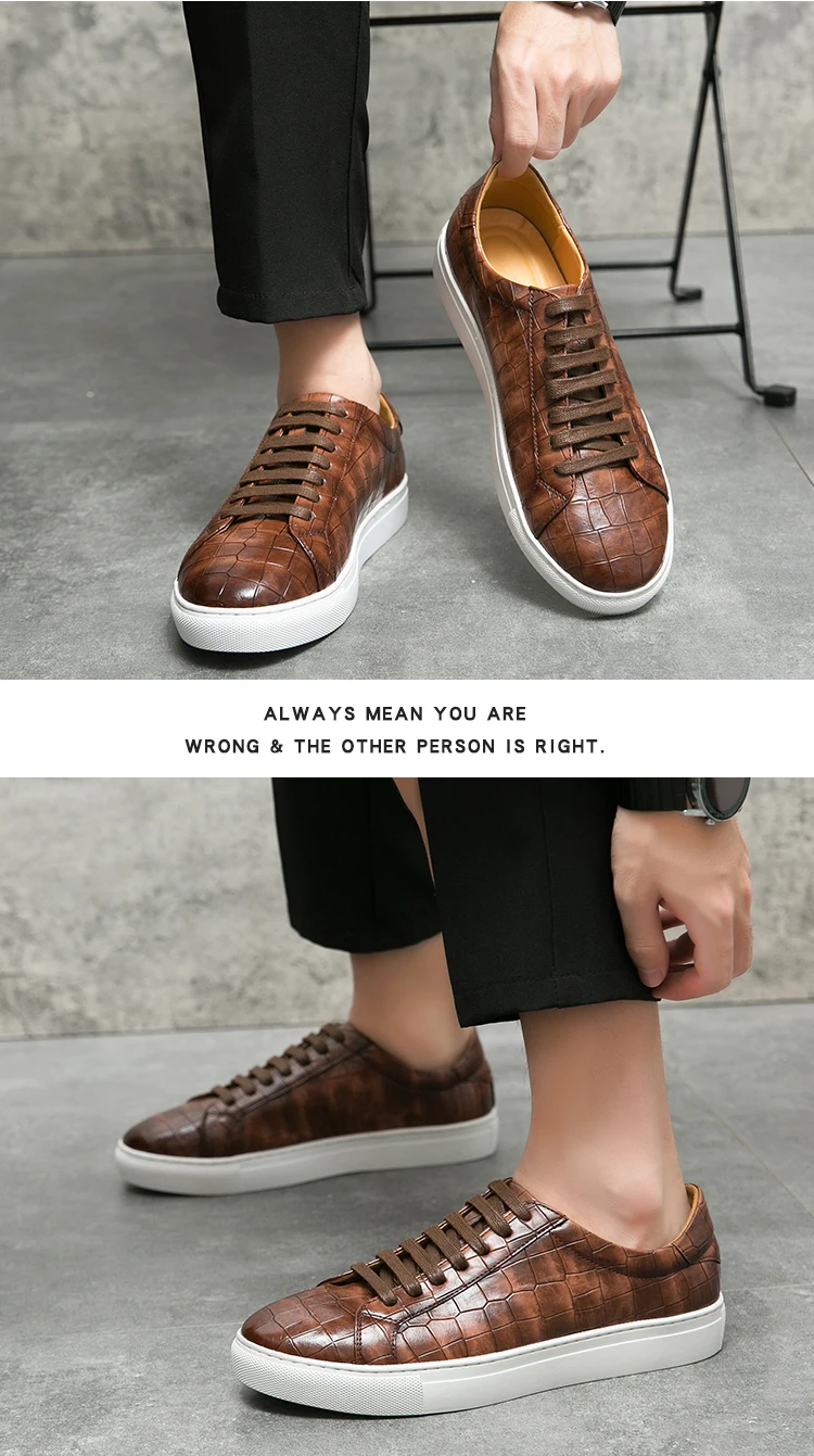 New Brown Men Sneakers Lace-up Solid PU Leather Black White Platform Shoes Men's Vulcanize Shoes  Size 38-46