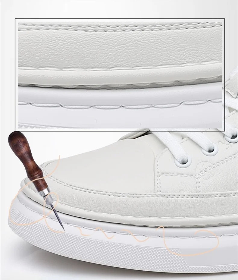 2024 Spring Men's White Soft Leather Moccasins Height Increased 5cm Taller Shoes Man Sneakers